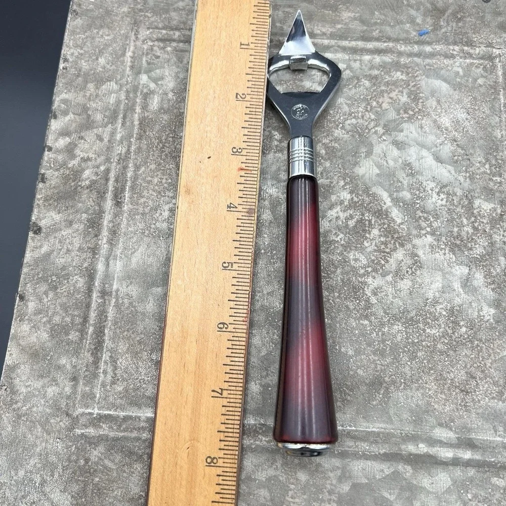 Vintage Glo-Hill Bakelite Bottle Opener Can Punch MCM Cherry Red Marbled Canada